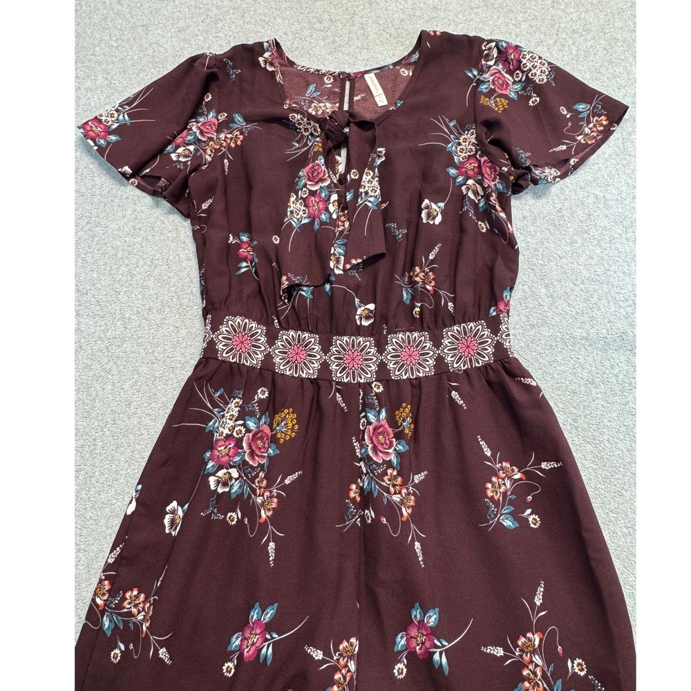 Xhilaration Womens S Floral Wide Leg Jumpsuit Burgundy Tie Front Boho Romantic